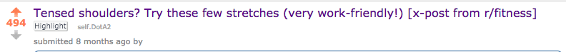 Reddit post titled "Tensed shoulders? Try these few stretches (very work-friendly!)" with 494 upvotes, highlighted flair, crossposted from r/fitness