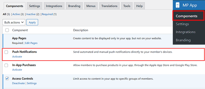 Enable push notifications component in MemberPress AppKit