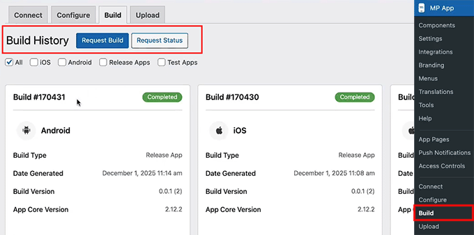 Click the Request Build button in MemberPress AppKit