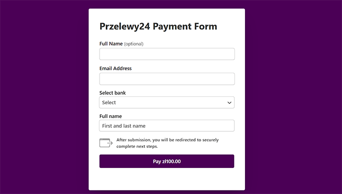 Preview of Przelewy24 payment page in WP Simple Pay Preview of Przelewy24 payment page in WP Simple Pay