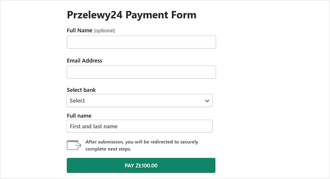Preview of Przelewy24 payment form in WP Simple Pay Preview of Przelewy24 payment form in WP Simple Pay