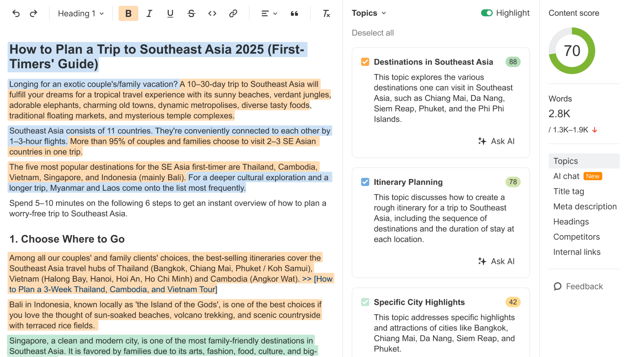 Screenshot of a content editor with an article draft about planning a trip to Southeast Asia, showing content score and topics.