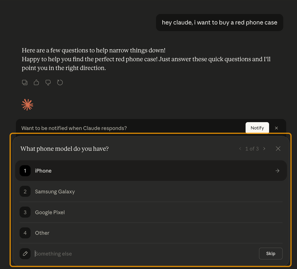 Snapshot of a response in Claude that asked clarifying questions in multiple choice format when the user was looking to buy a red phone case