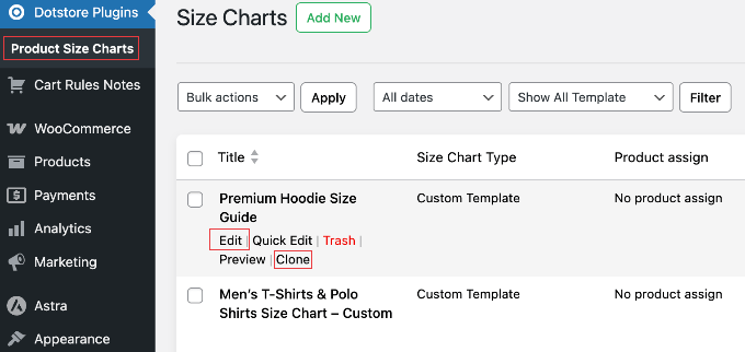 The pre-made size chart templates library in Advanced Product Size Charts Pro