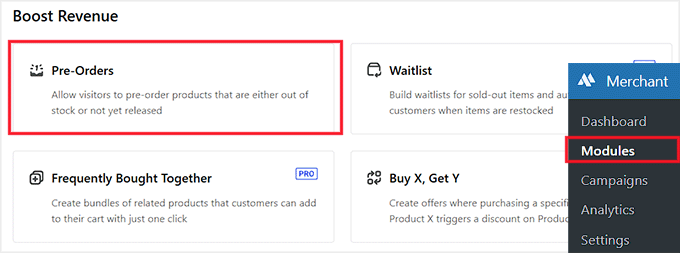 Select Pre-Orders module in Merchant