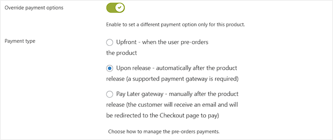 Configure payment options for a specific pre-order in YITH