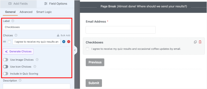 Configuring the Checkboxes field