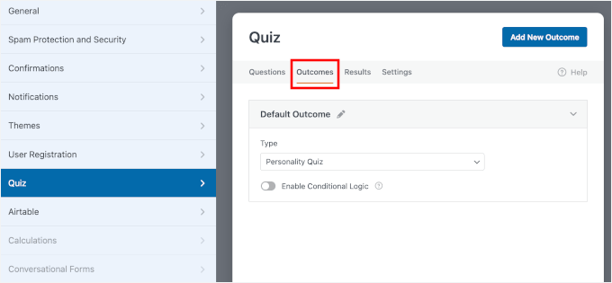 Accessing the Outcomes tab