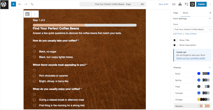 Applying a theme to the product quiz