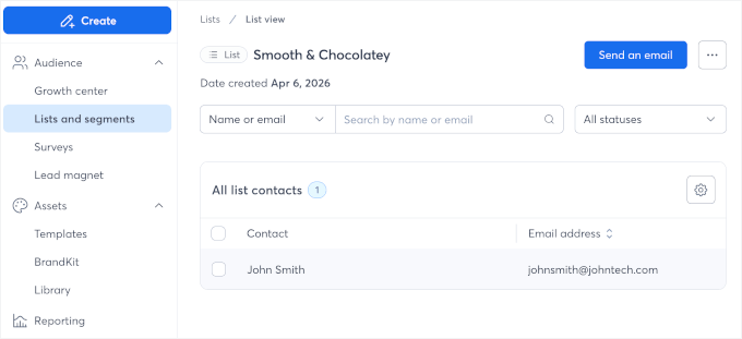 Email list in Constant Contact based on outcome