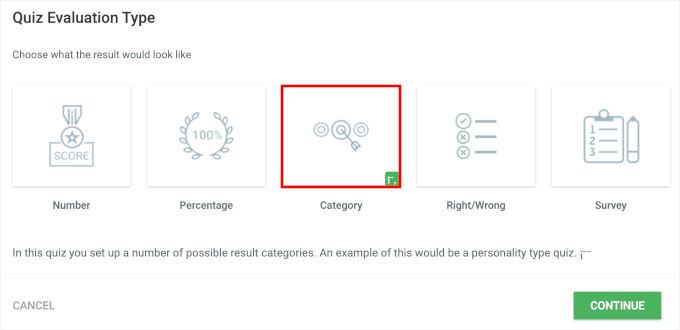 Choosing the category evaluation type
