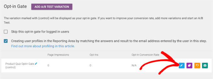 The pencil edit icon to customize optin gate