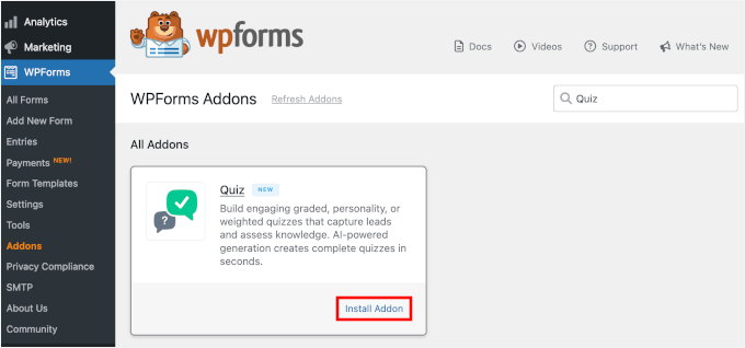 Installing the Quiz addon in WPForms