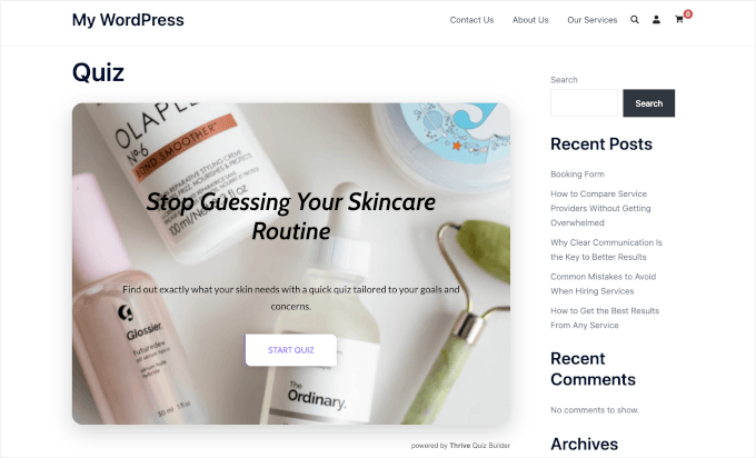 Thrive Quiz Builder's product quiz on a live site