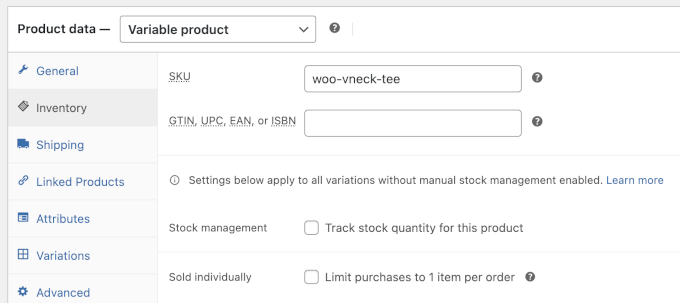 Product data including SKU, GTIN, UPC, EAN, ISBN
