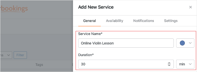 Adding a Service Name and Duration in Sugar Calendar Bookings