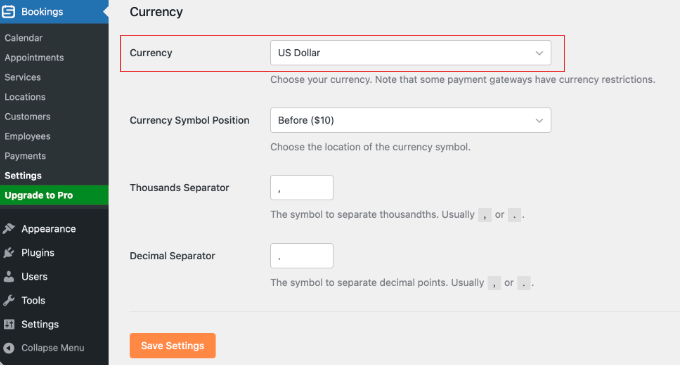 Choosing Currency in Sugar Calendar Bookings