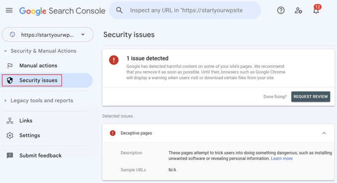 Inspecting Security Issues in Google Search Console