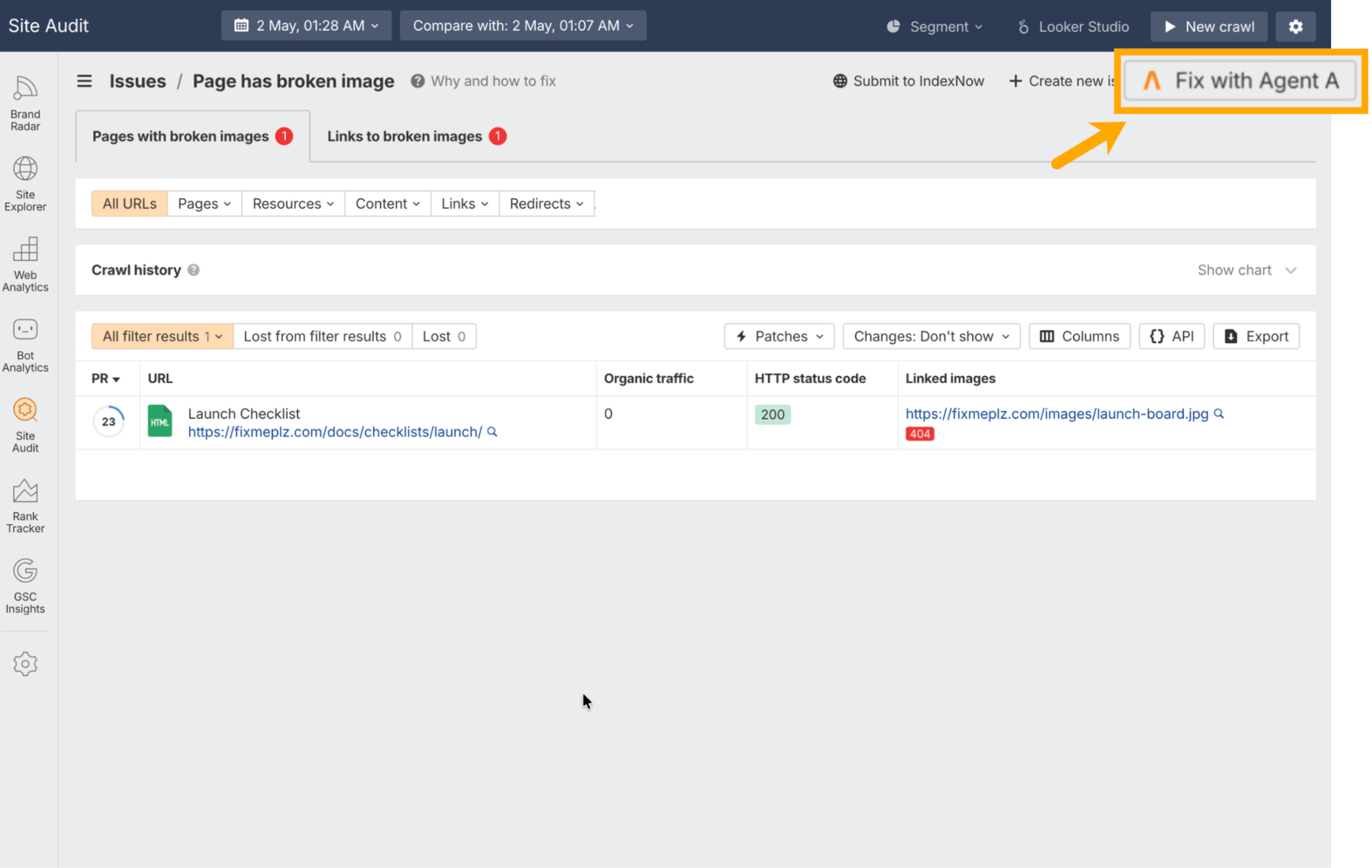 A screenshot of a "Site Audit" tool. It shows one page, "Launch Checklist", with a broken image (404 error).