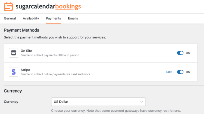 Payments Settings in Sugar Calendar Bookings