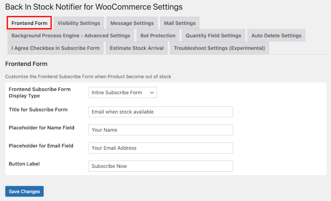 Configuing the instock notifier front end form