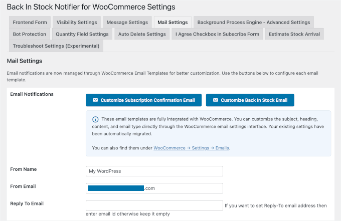 Configuing the instock notifier mail settings