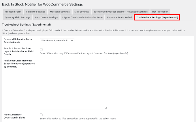 Configuring troubleshoot settings in Back in Stock Notifier