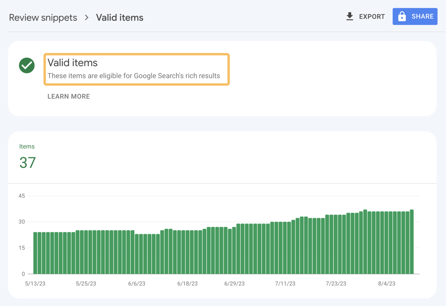 Google Search Console displaying valid schema and rich results