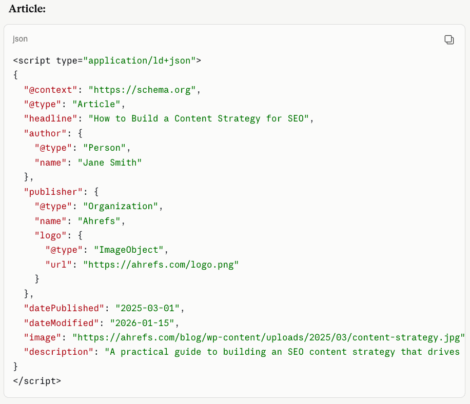 Example of Article schema in JSON-LD