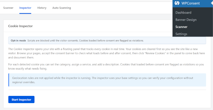 Cookie inspector in WPConsent