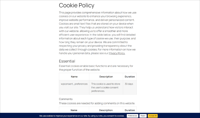 Pre-styled cookie policy pages in WPConsent