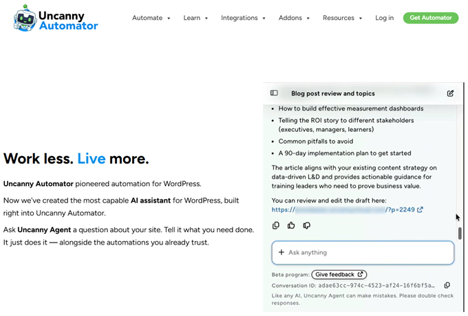 Uncanny Agent AI assistant for WordPress