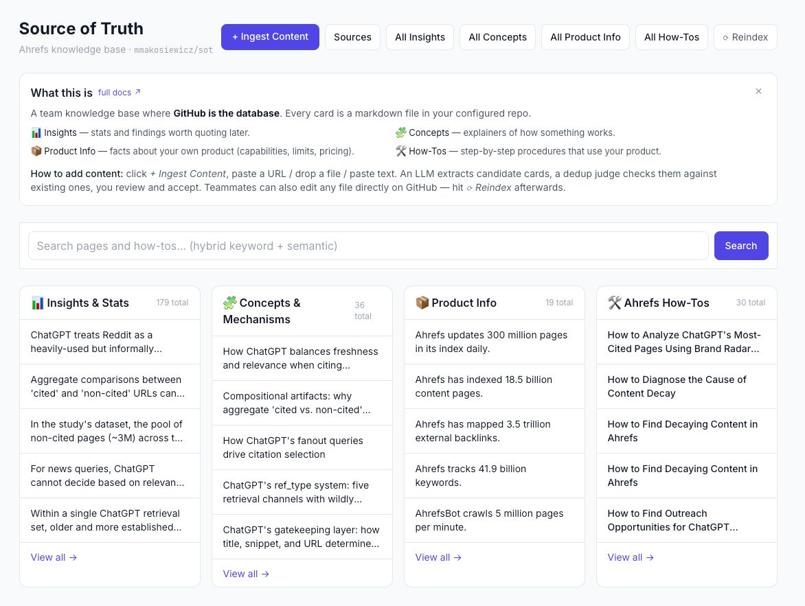 Agent A Source of Truth app, a searchable internal library of facts, explanations, and how-to guides