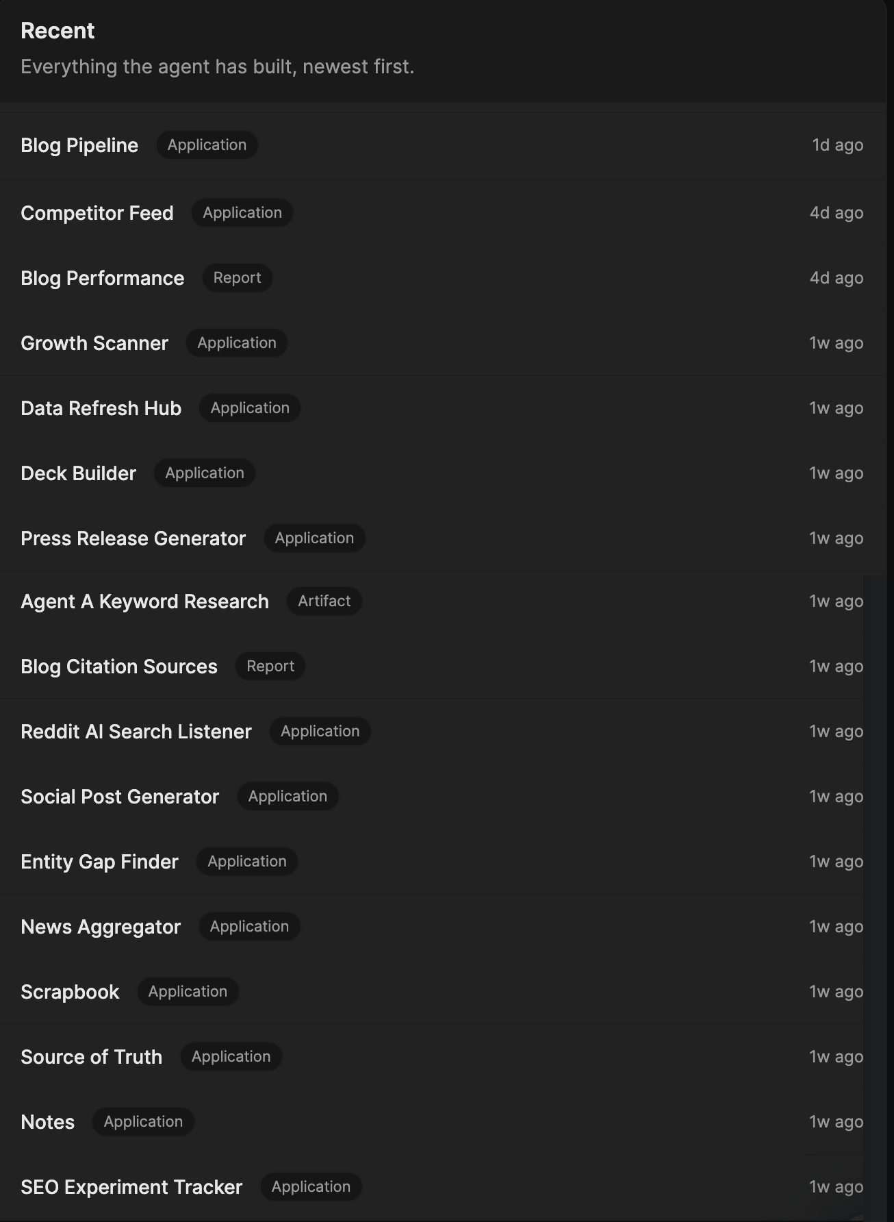 Grid of 16 internal apps built by the content team during the Agent A hackathon