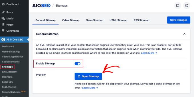 Sitemap settings in All in One SEO Sitemap settings in All in One SEO