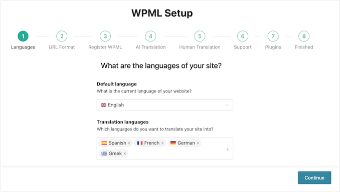 wpml-setup-wizard-1 WPML Setup wizard showing progress steps and language configuration fields