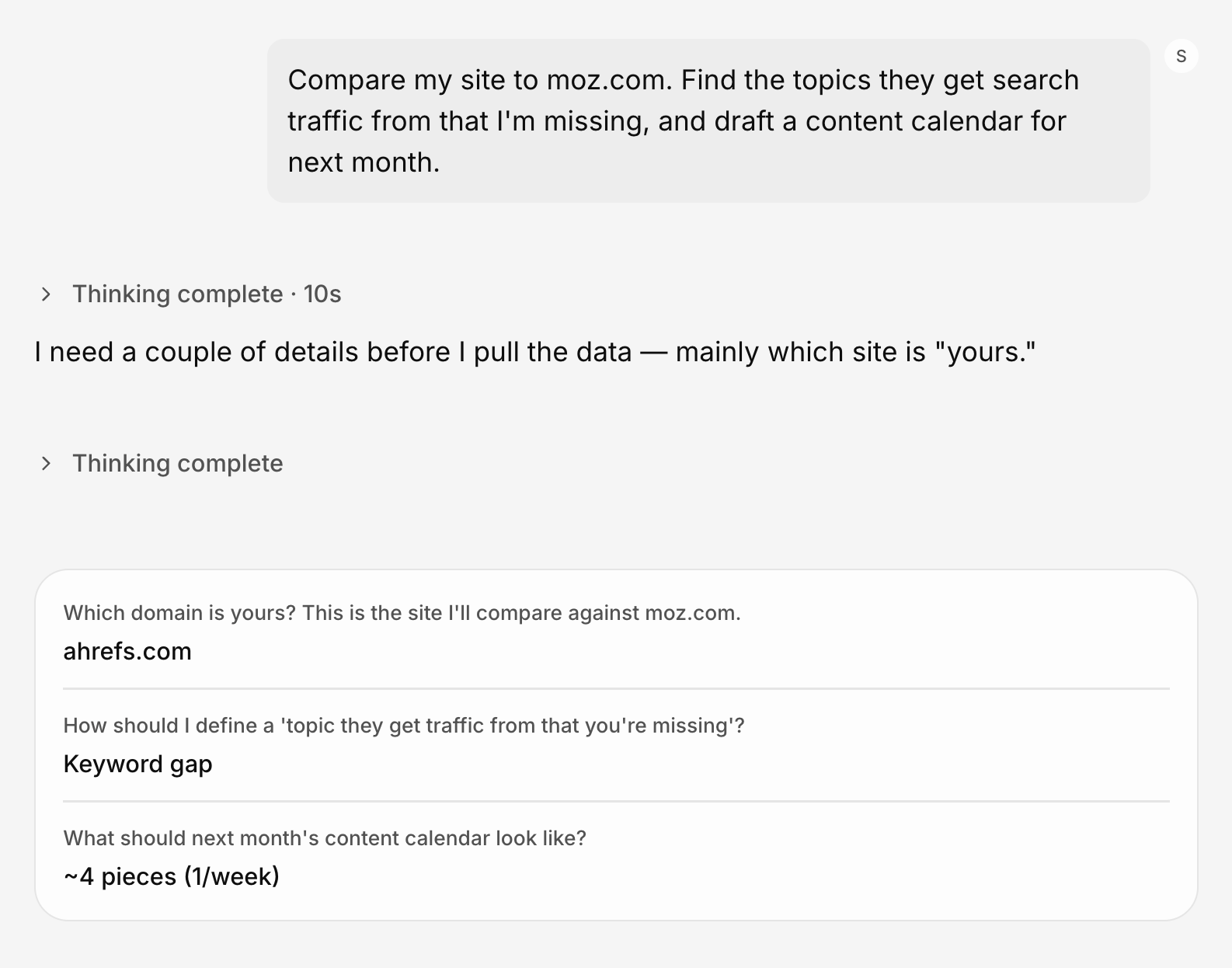 Agent A chat where the user asks it to compare their site to moz.com and find missing topics, and the agent replies with clarifying questions about which domain is theirs, how to define a missing topic, and what the content calendar should look like.