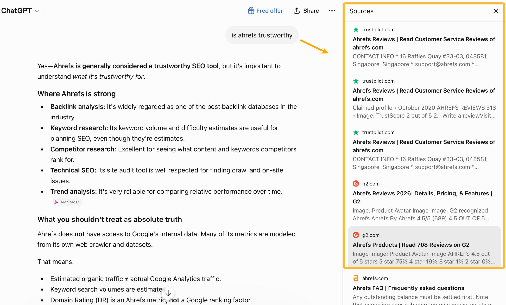 ChatGPT assessing brand trustworthiness citing review sites