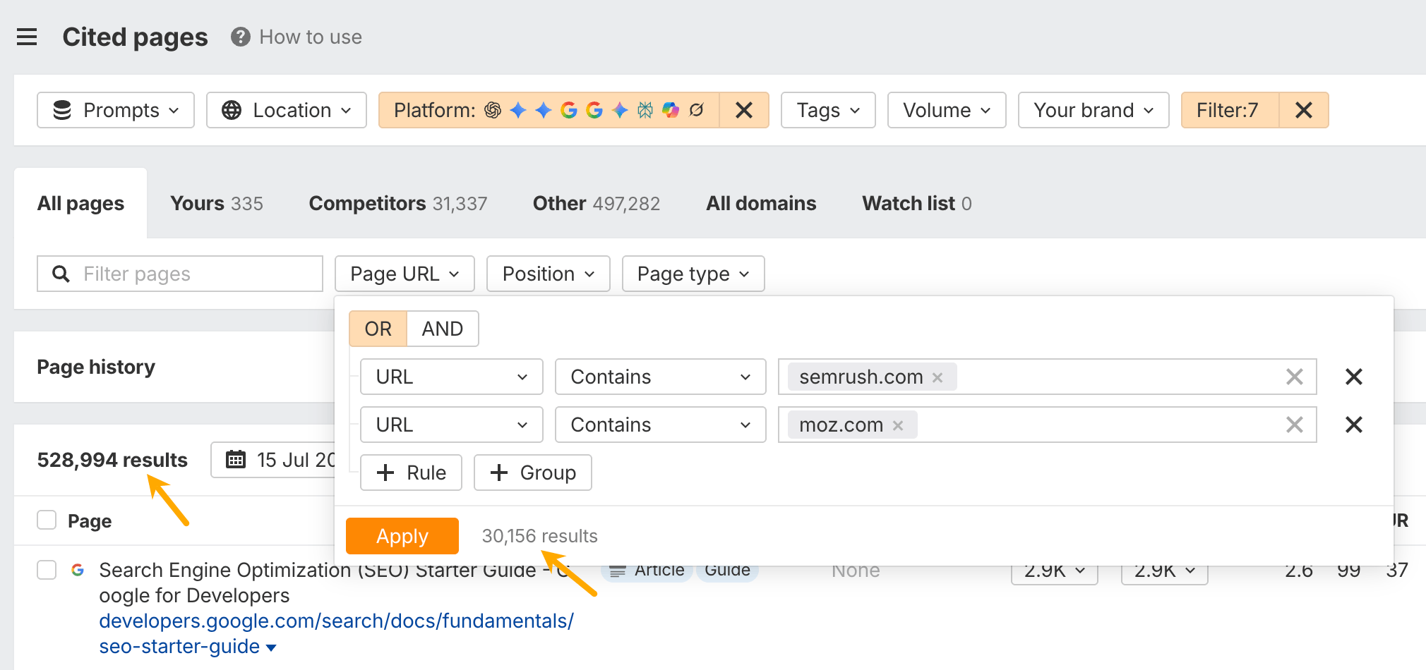 Filtering the Cited pages report to closest competitors