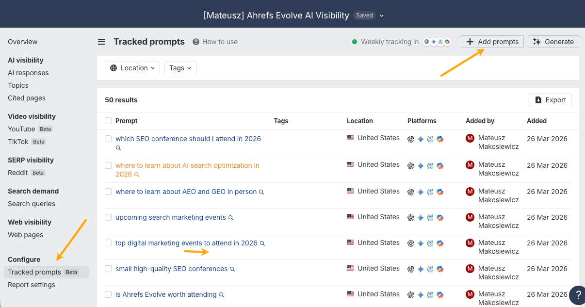 Custom prompt tracking setup in Ahrefs Brand Radar
