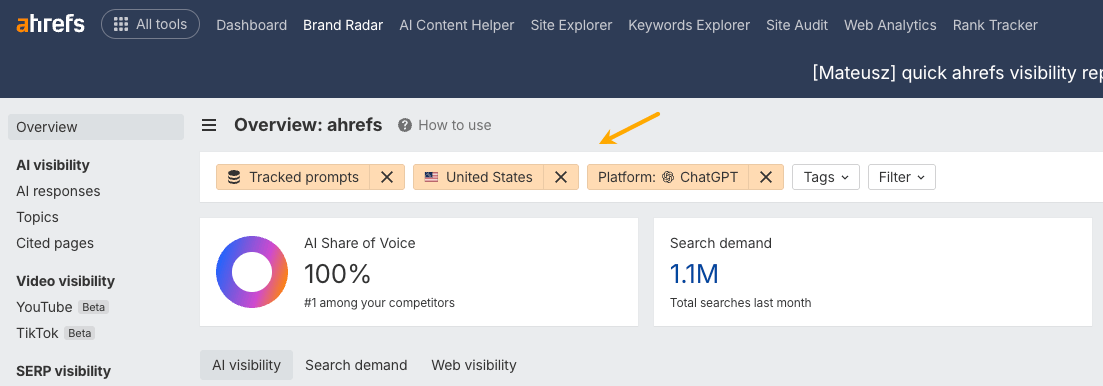 Brand Radar filters for prompt index, AI platform, and location