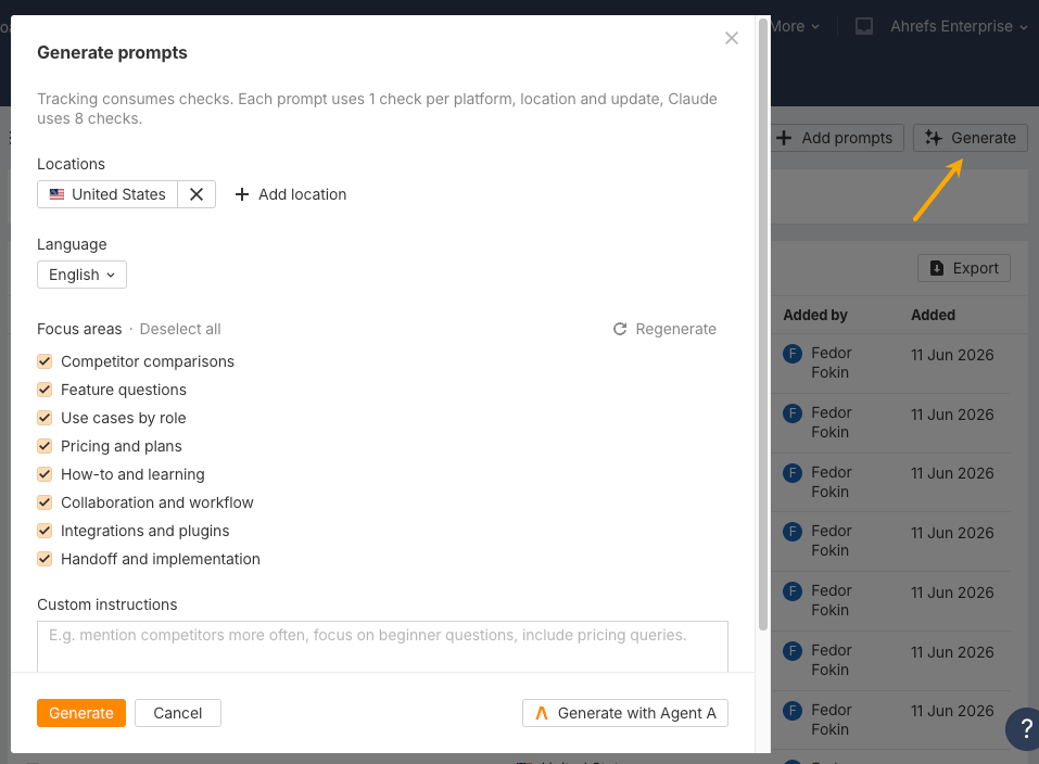 Generate prompts feature in Ahrefs Brand Radar