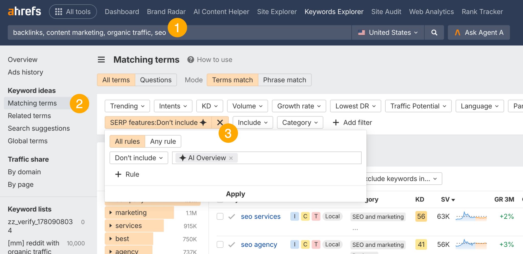 Filtering out keywords that trigger AI Overviews in Ahrefs Keywords Explorer