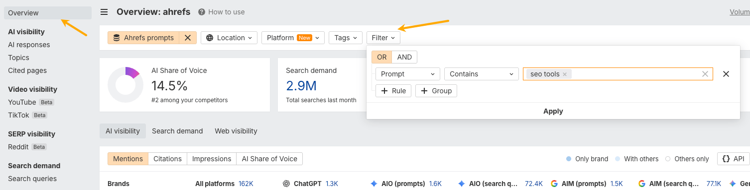 Creating a Brand Radar report for the SEO tools category