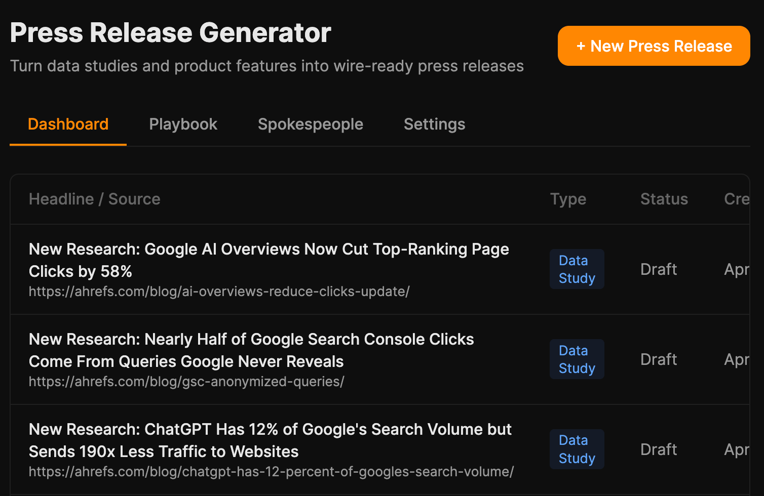The Press Release Generator dashboard listing generated releases from blog posts and feature notes