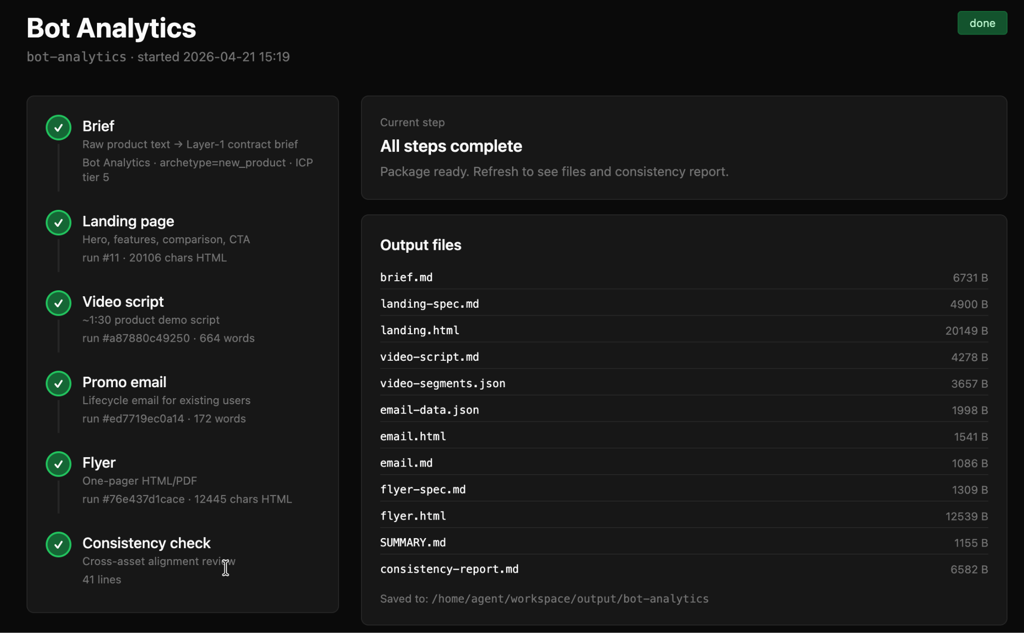 The GTM Generator showing six completed stages and the output files for a product launch package