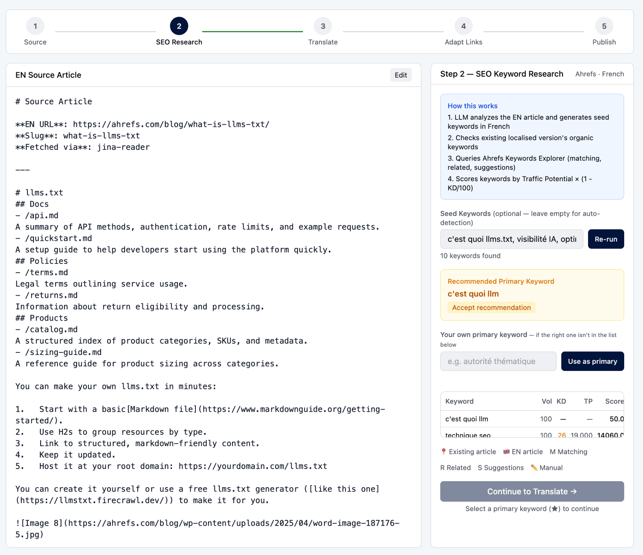 The translation pipeline showing an English article and its translated version, with the internal links swapped for the local ones