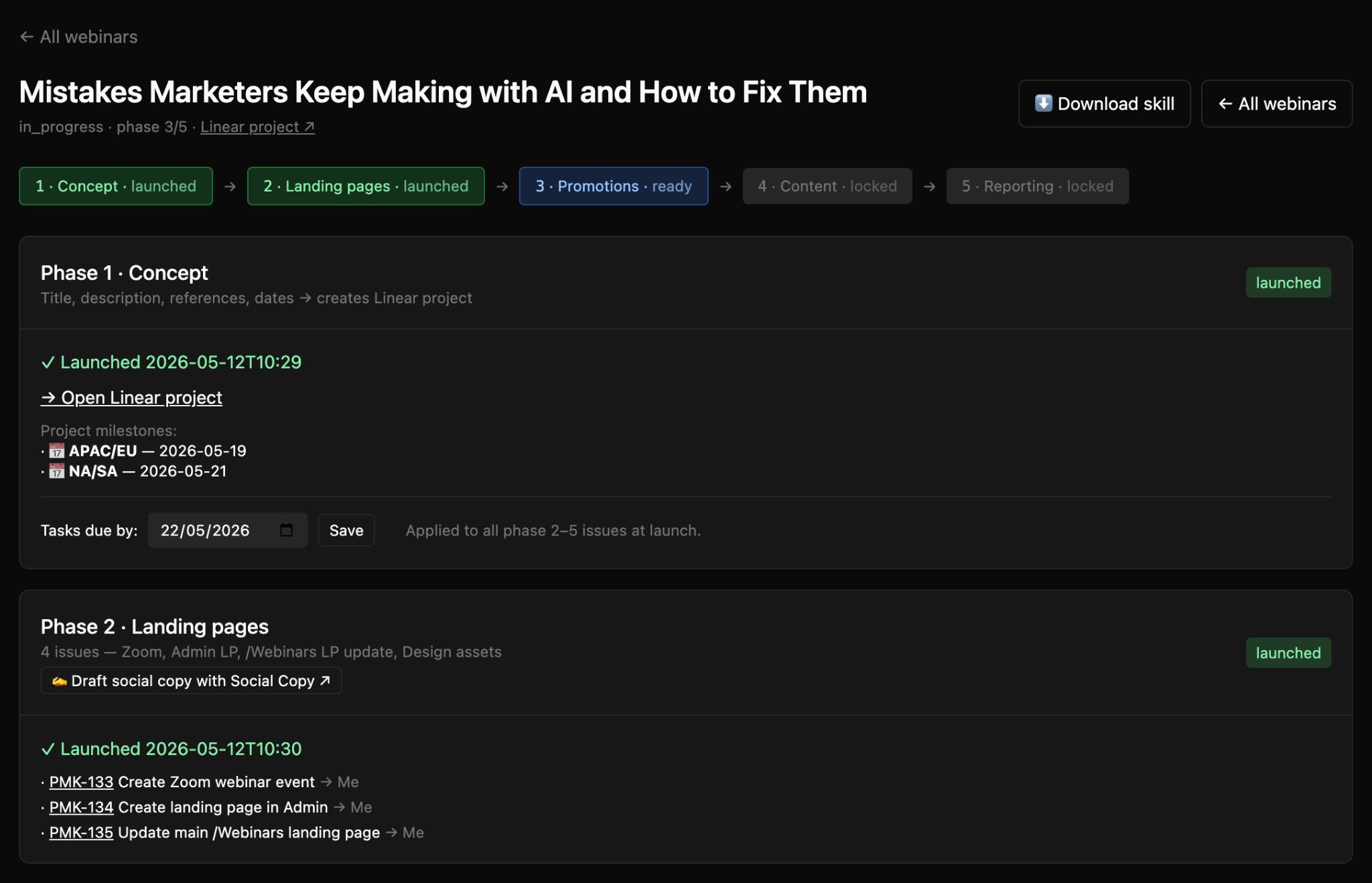 The webinar automation app showing five sequential phases and the Linear issues created for each