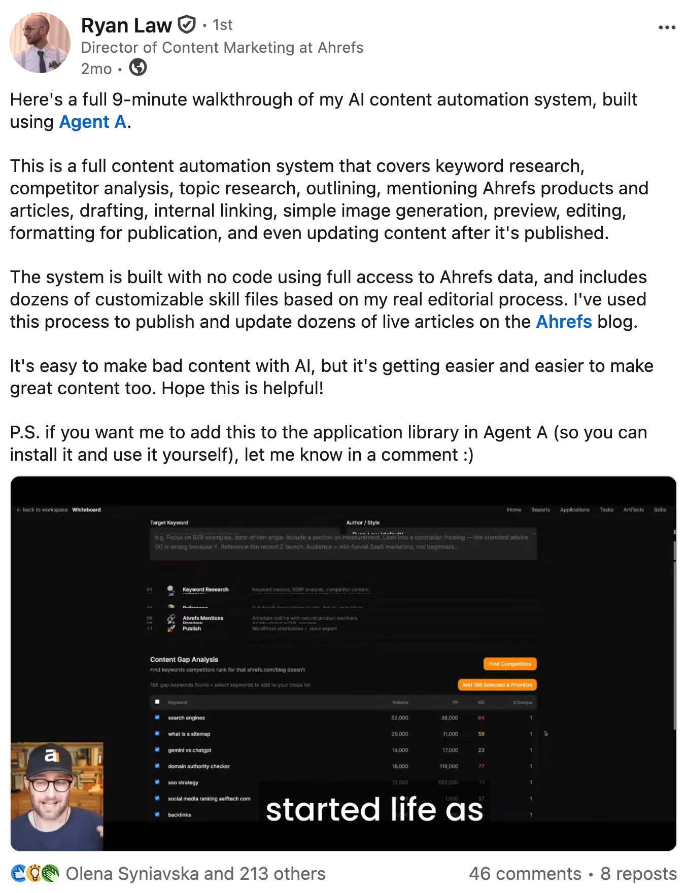 LinkedIn post from Ryan Law about an AI content automation system, with a screenshot of the system'