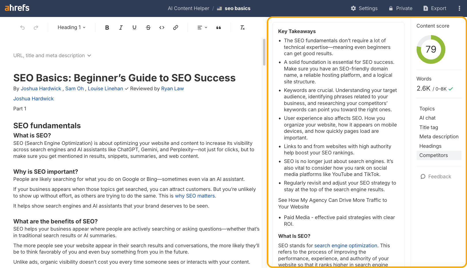 Screenshot of Ahrefs AI Content Helper showing an article "SEO Basics" with "Key Takeaways" and a content score of 79.